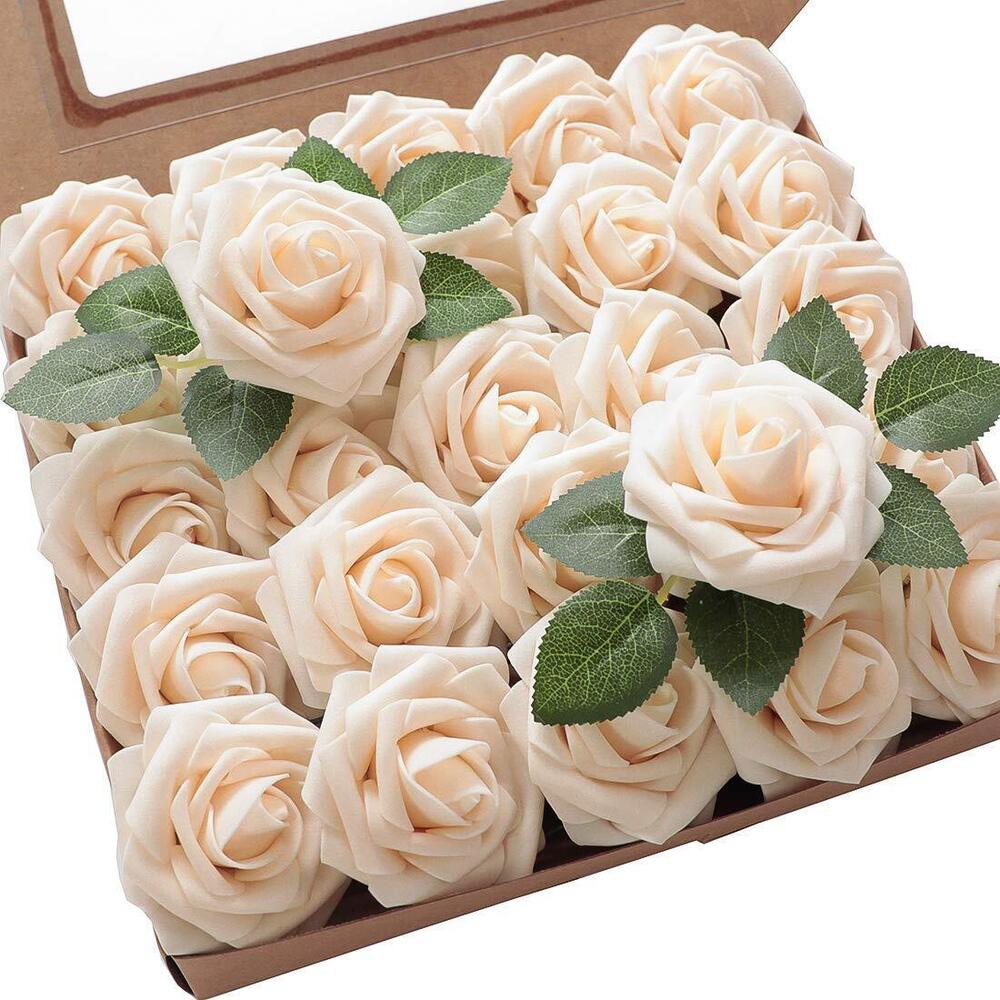 8034 Artificial Flowers 50pcs Real Looking Cream Foam Roses with Stems